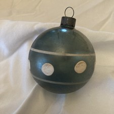 Vintage Unsilvered Glass Christmas Ornament - Stripes And White Dots On Blue/ picture