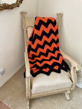 Vintage Handmade Knit Chevron Afghan 42 x 84 Orange & Black great for Halloween  picture