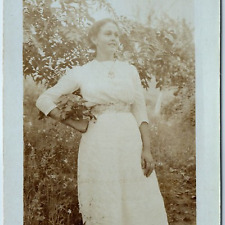 c1910s Cute Young Lady Outdoors RPPC European Real Photo Girl Postcard PC A254 picture