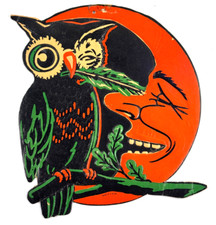 vtg 1930s Beistle Halloween Winking Owl on Moon Die Cut Embossed DEEP picture