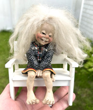 Vtg CANDY DESIGNS Norway TROLL ON BENCH, Girl w Sweater - Painted Figurine FAIRY picture