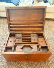 Vintage Brown Wood Storage Box w/ Brass Latch, Lockable Compartment Trays- picture