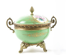 Antique French Porcelain Covered Bowl Gilt Bronze Mounts Hand Painted Floral picture