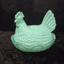 Mint Green Hen On Nest Covered Dish Chicken Candy Trinket Box 6.75