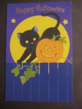 UNUSED vintage greeting card Tender Thoughts HALLOWEEN Black Cat w/ JOL On Fence picture