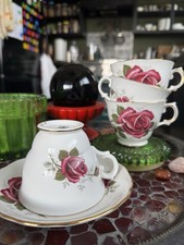 Vintage Royal Kent Bone China Set - 4 Teacups & 1 Saucer, Pink Red Rose picture
