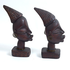 PAIR 1950s/60s Hand Carved Wood African Women Bust Head Sculptures 6 5/8