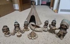 Vintage Native American Indian Figurines W/Teepee*Canoe*Campfire*Drum Ceramic picture