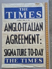 Original 1938  headline billboard poster Times  England Italy  Agreement  WW 2 picture