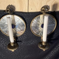 Pair Vintage 1940S Mirrored Candle Sconces Round Cobalt Blue Glass Sunburst picture