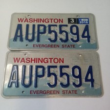 Washington License Plate Set Pair w March/2016 Stickers Mt. Rainier- AUP5594 picture