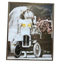 Vintage Frame Litho Print Young Boy and Girl in Car black white Art 16x20” picture
