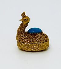 Vintage Florenza Peacock Bird Pill Box Gold tone Turquoise Vanity Decor READ picture