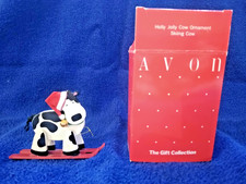 Vintage Avon Holly Jolly Cow Christmas Ornament Skiing Cow With Box picture