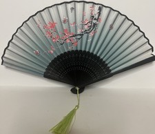 Vintage Japanese Silk Folding Hand Fan Grey Blue Pink Cherry Blossom Butterfly picture