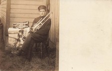 LP03 Band Member Plymouth OH 1912 Musical Trombone Cornet Horn RPPC Postcard picture