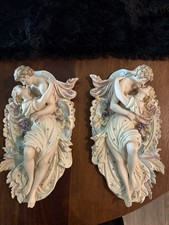 Vintage Italian Capodimonte 3D Porcelain Romantic Couple Wall Plaques Pair picture