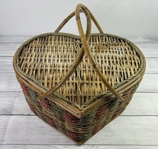 Vintage Heart Shaped Picnic Sewing Storage Basket Woven Wicker Rattan Handles picture