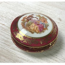 Vintage Fragonard Courting Couple Porcelain Trinket Box Burgundy Gold Trim 3in picture