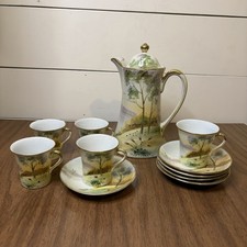 Antique Hand Painted Porcelain Chocolate Pot Set 11 Pc Landscape Gold Gilt picture