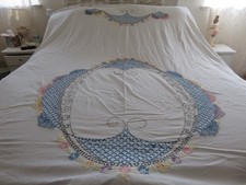 So Romantic Vintage Embroidered Bedspread Handmade Florals on Wht Gorgeous Piece picture