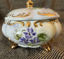 Antique Hand Painted Porcelain Trinket Box w/lid Purple Gold Gilt Footed Signed picture