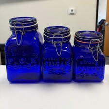 Vintage Granny’s Products Cobalt Blue Glass Canister Set of 3 Italy 1968 picture
