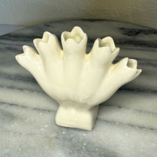 Vintage Cream White Ceramic Five Finger Tulip Bud Vase | 4 Inch Glossy Fan picture