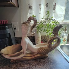 Royal Haeger Gold & White Mermaid MCM Ceramic 23” Centerpiece Planter picture