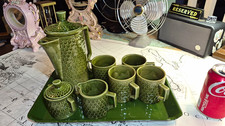 Vintage Japan Avocado Green Honeycomb Coffee Set Pot 4 Mugs Cream Sugar Tray picture