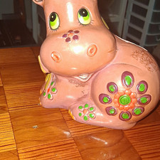 Ceramic Hippo Piggy Bank Pink Floral Design Green Eyes Coin Slot picture