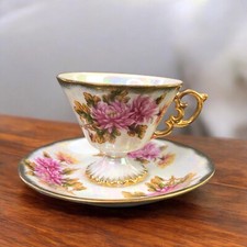 VTG November Chrysanthemum Footed Teacup Saucer Pink Floral Iridescent Cottage picture
