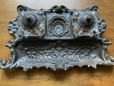 Vintage Antique Art Nouveau Brass Double Inkwell Pen Tray Faux Bronze  10”x6” picture