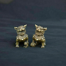 Pair Chinese Ancient Bronze Brass Fengshui Foo Fu Dog Lion Beast Bixie Statue picture