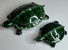 Vintage Ceramic Turtle Figurines Pair Green Glaze MCM Tortoise Ocean Sea Decor picture