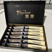 Vtg Crown Awards Steak Knife Set 6pc UNUSED Mid Century Stainless Faux Ivory Box picture