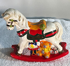 Ceramic Rocking Horse Figurine White Red Green Glossy 3D Effect Toys Vintage picture