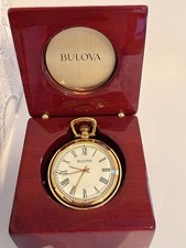 Bulova B2662 Ashton Gold Tone Pocket Watch Chain Mahogany Wood Box picture