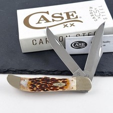 Case XX 30093 Folding Hunter Jigged Amber Bone Carbon Steel Pocket Knife picture