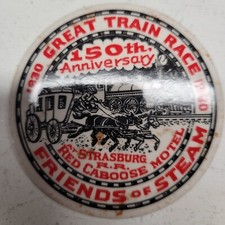 Vintage 1830 to 1980 Great Train Race Pin 150th Strasburg Caboose Motel Steam picture