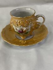 JB&W NY Germany Orange Lusterware Demitasse Cup And Saucer With 3d Flowers  picture