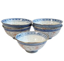 Vintage Wan Yu Translucent Rice Grain Dragon Jingdezhen Porcelain Bowl Set of 5 picture