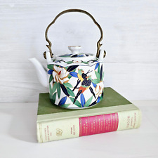 Vintage Takahasi Tropicale Brass Handle Parrot Tropical Ceramic Tea Pot Kettle picture