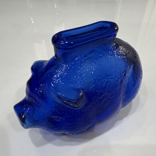 Vintage Blue Glass Pig Piggy Bank Coin Bank Animal Theme Glass Pig Shape picture