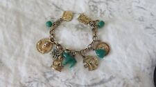 Chunky & Loaded vintage Asian Faux Jade Gold Tone Charm Bracelet picture
