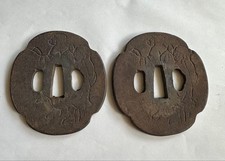 Japanese Iron Tsuba Set of 2 Figure Design Mokko Antique Sword Fittings picture