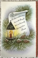Unused Christmas Covered Candle Pine Branch Scroll Vtg Greeting Card 1950s 1960s picture