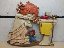 Vintage 1974 Sexton Cast Metal Girl & Doll Brushing Teeth Wall Plaque picture