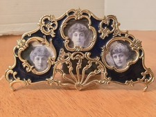 ​Vintage 1989 Terragrafics Cobalt Blue Guilloche Enamel Triple Photo Frame... picture
