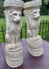 VTG Winged Griffin Lion Pedestal Table Stand Pair Neoclassical White Statue 28” picture